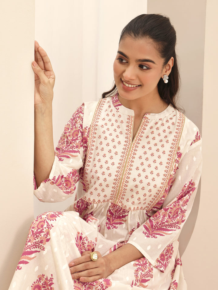 White Printed Cotton A-line Kurta Set
