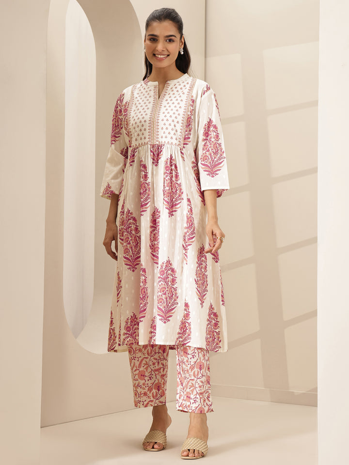 White Printed Cotton A-line Kurta Set