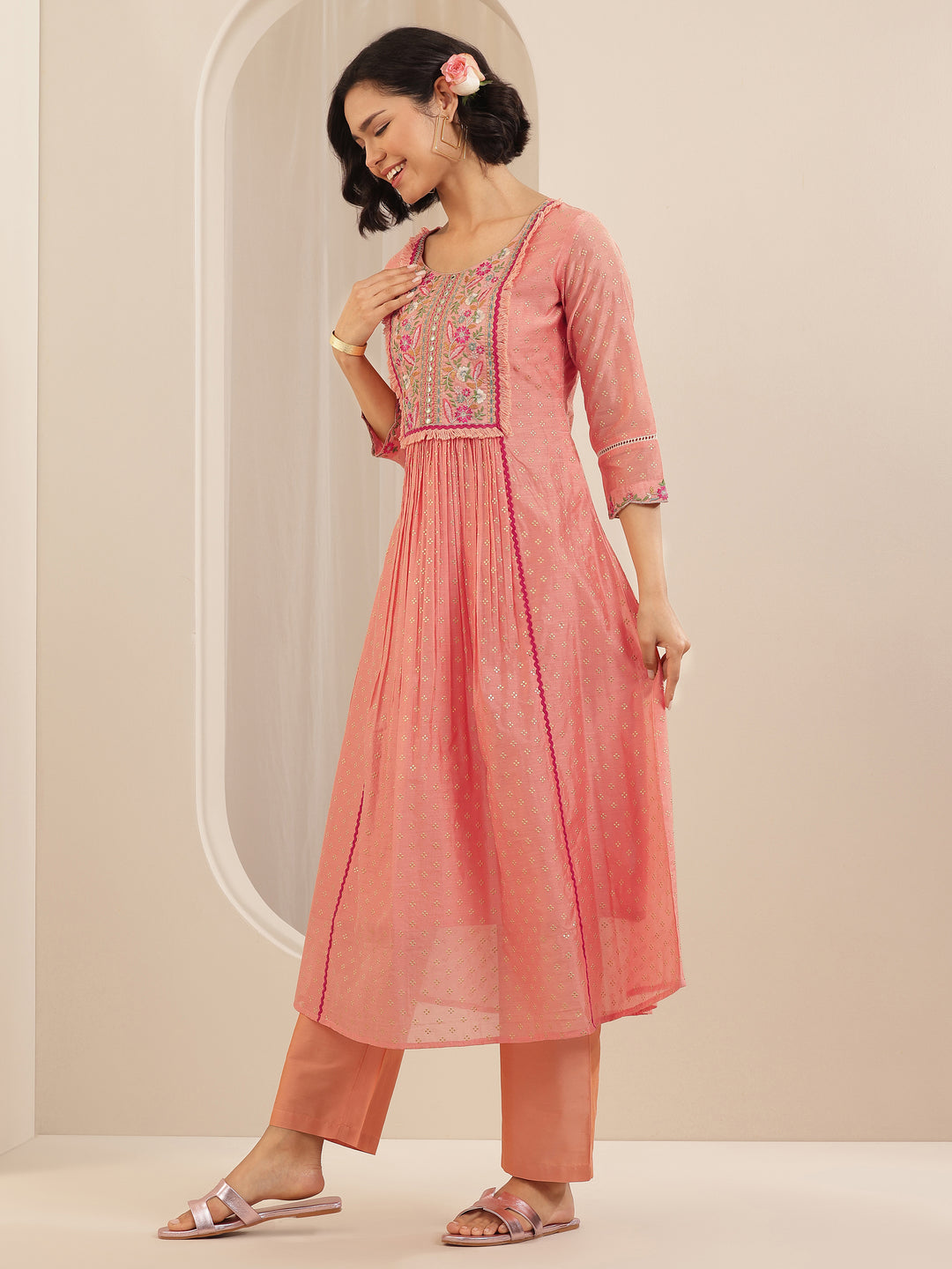 Peach Embroidered Chanderi Silk A-line Suit Sets With Dupatta