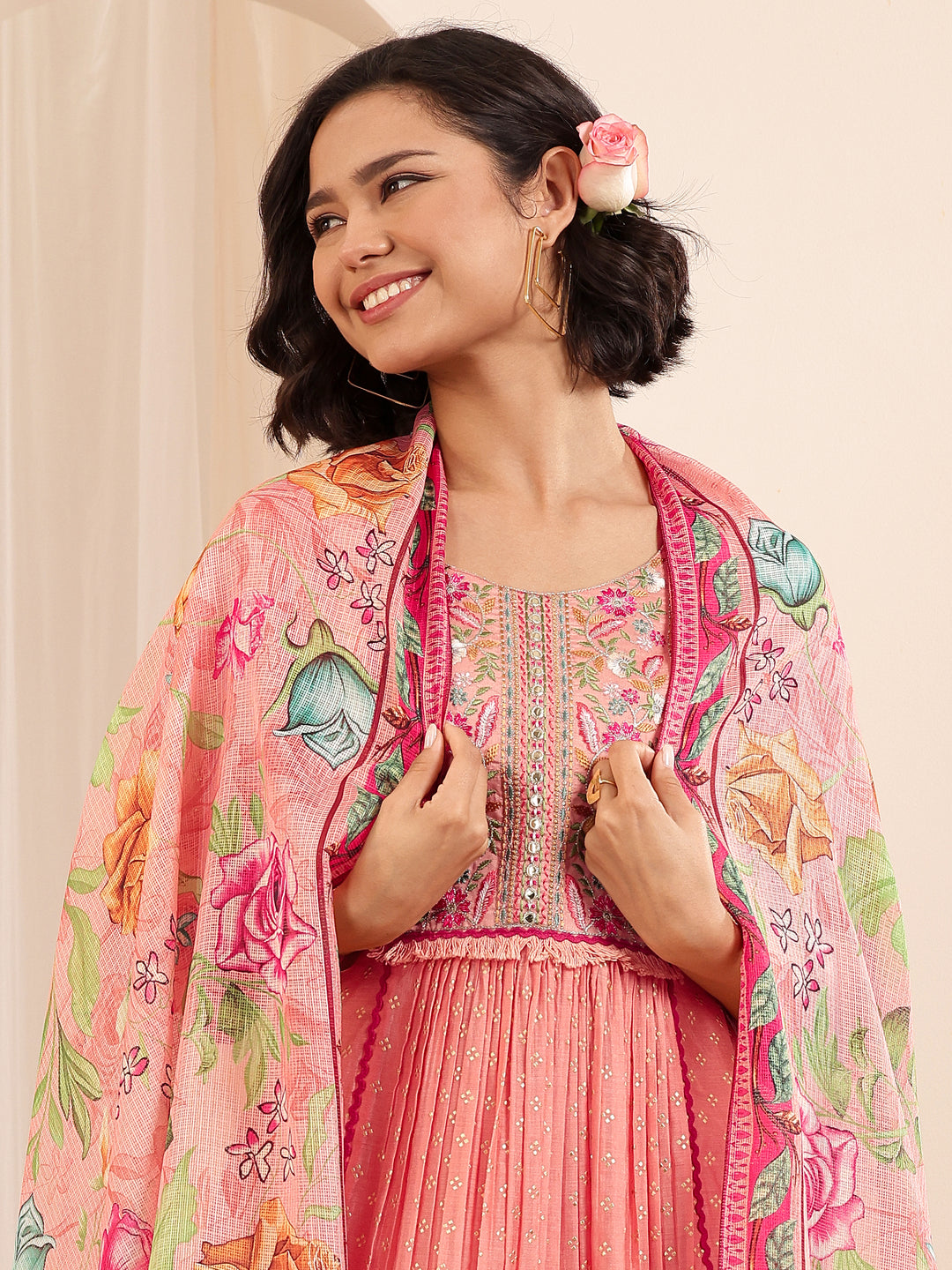 Peach Embroidered Chanderi Silk A-line Suit Sets With Dupatta