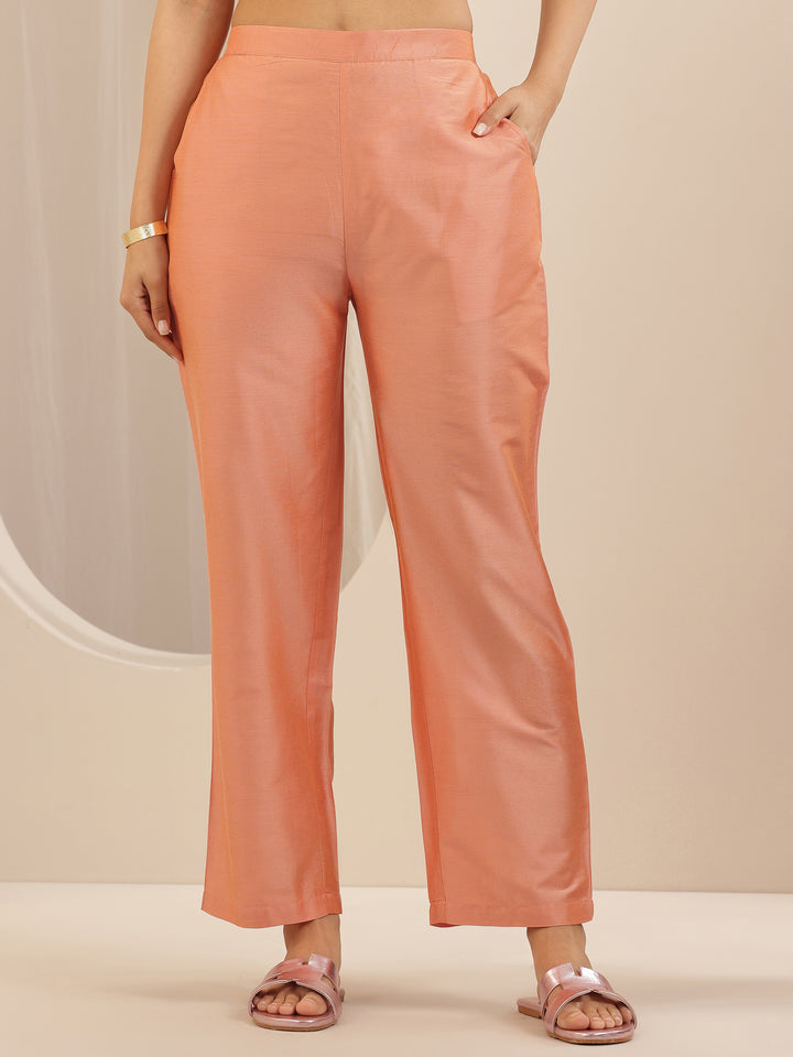 Peach Embroidered Chanderi Silk A-line Suit Sets With Dupatta