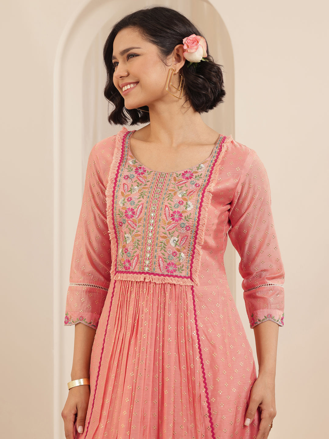 Peach Embroidered Chanderi Silk A-line Suit Sets With Dupatta