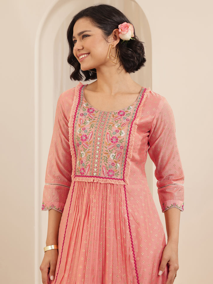 Peach Embroidered Chanderi Silk A-line Suit Sets With Dupatta