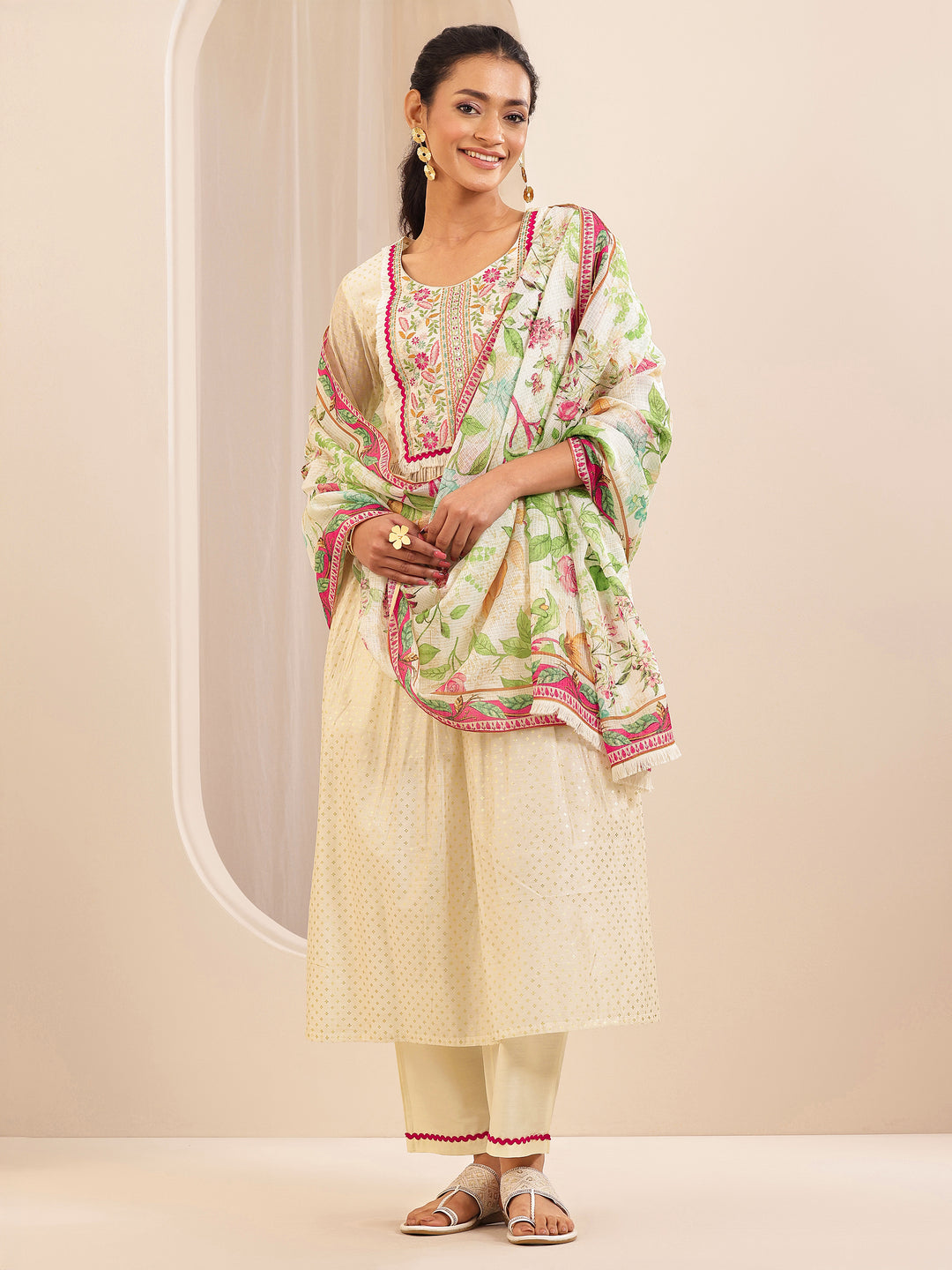 Off White Embroidered Chanderi Silk A-line Suit Sets With Dupatta