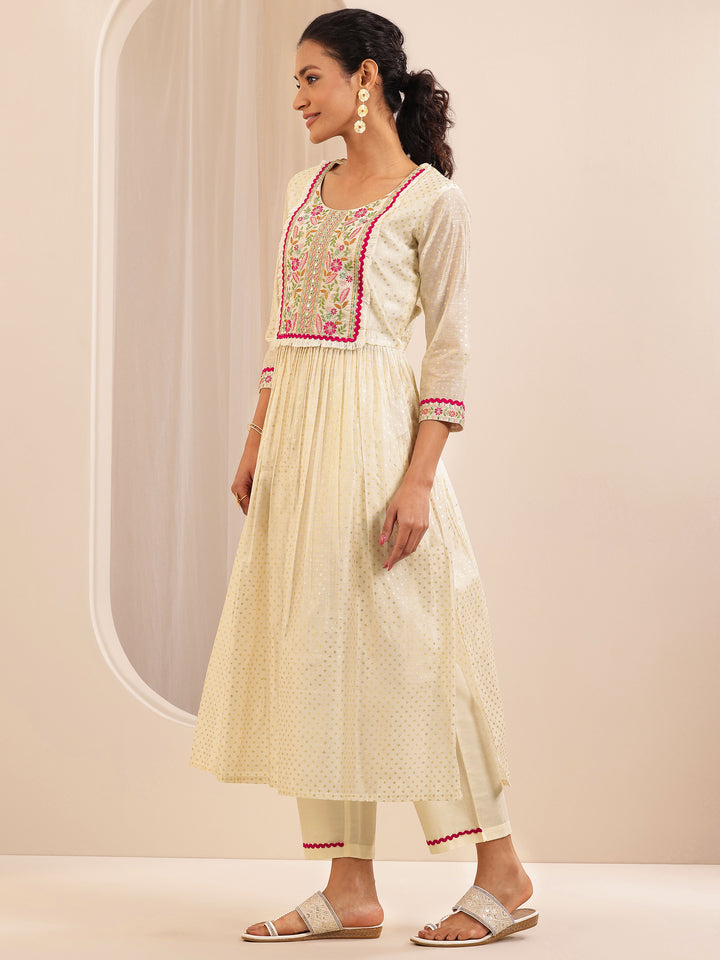 Off White Embroidered Chanderi Silk A-line Suit Sets With Dupatta