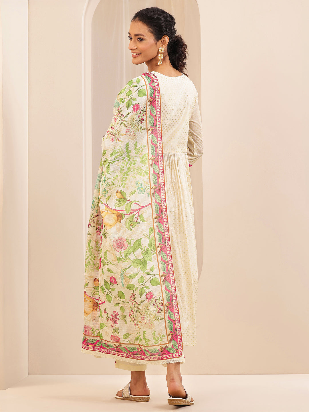Off White Embroidered Chanderi Silk A-line Suit Sets With Dupatta