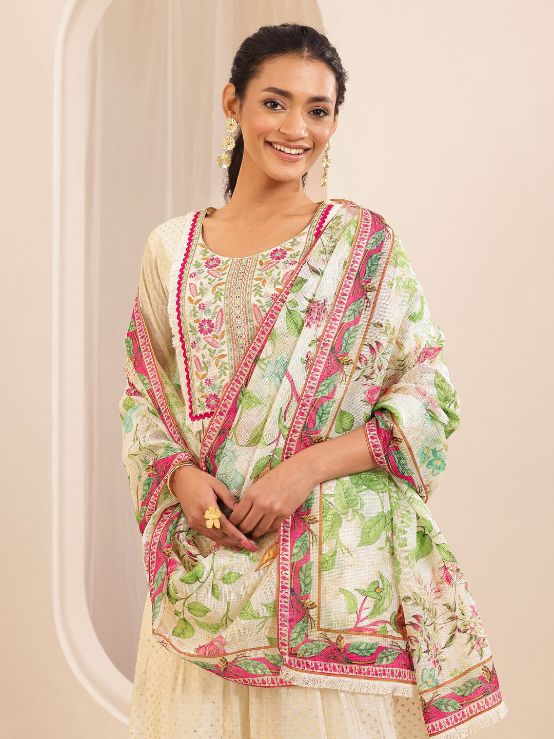 Off White Embroidered Chanderi Silk A-line Suit Sets With Dupatta