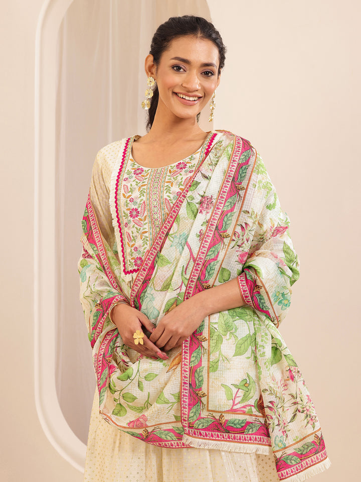 Off White Embroidered Chanderi Silk A-line Suit Sets With Dupatta