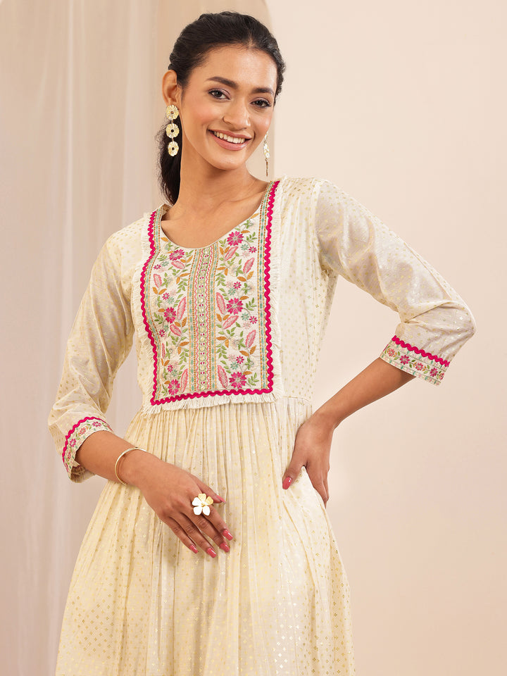 Off White Embroidered Chanderi Silk A-line Suit Sets With Dupatta