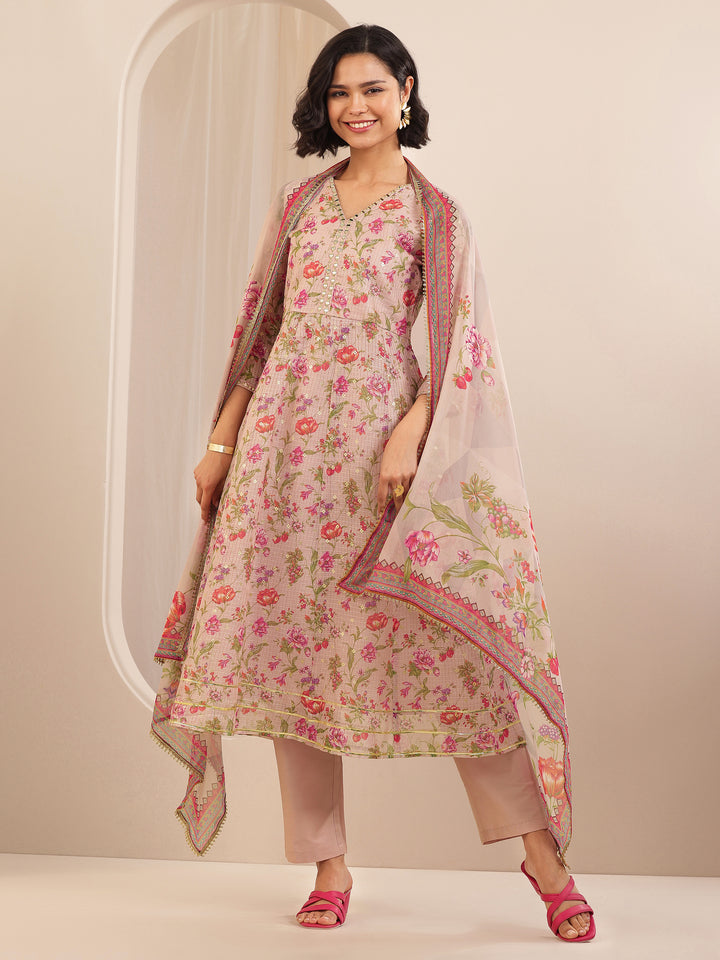 Pink Printed Silk Blend A-line Suit Sets With Dupatta