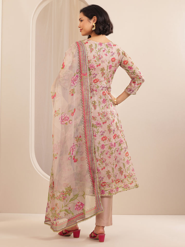 Pink Printed Silk Blend A-line Suit Sets With Dupatta