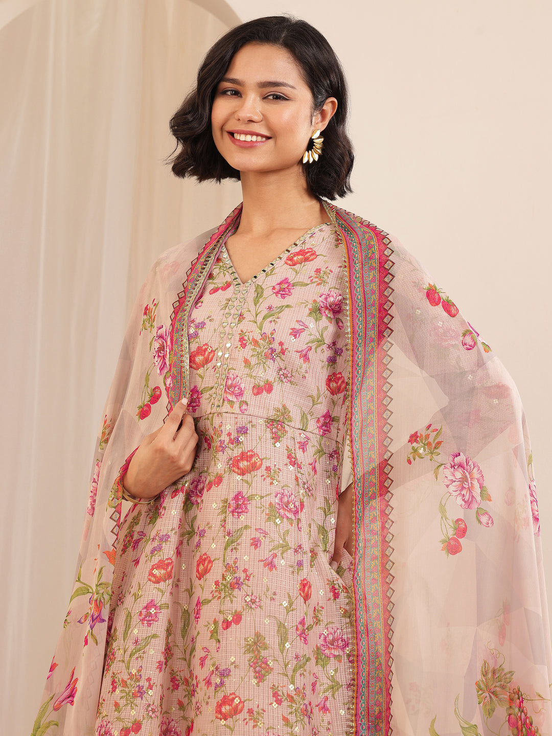 Pink Printed Silk Blend A-line Suit Sets With Dupatta
