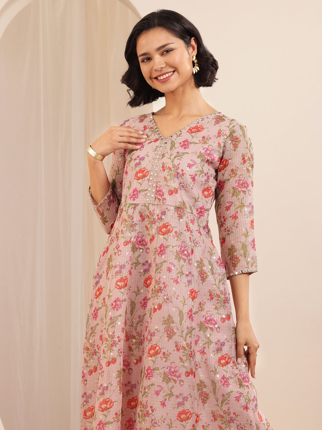 Pink Printed Silk Blend A-line Suit Sets With Dupatta