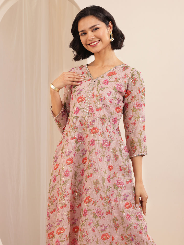 Pink Printed Silk Blend A-line Suit Sets With Dupatta
