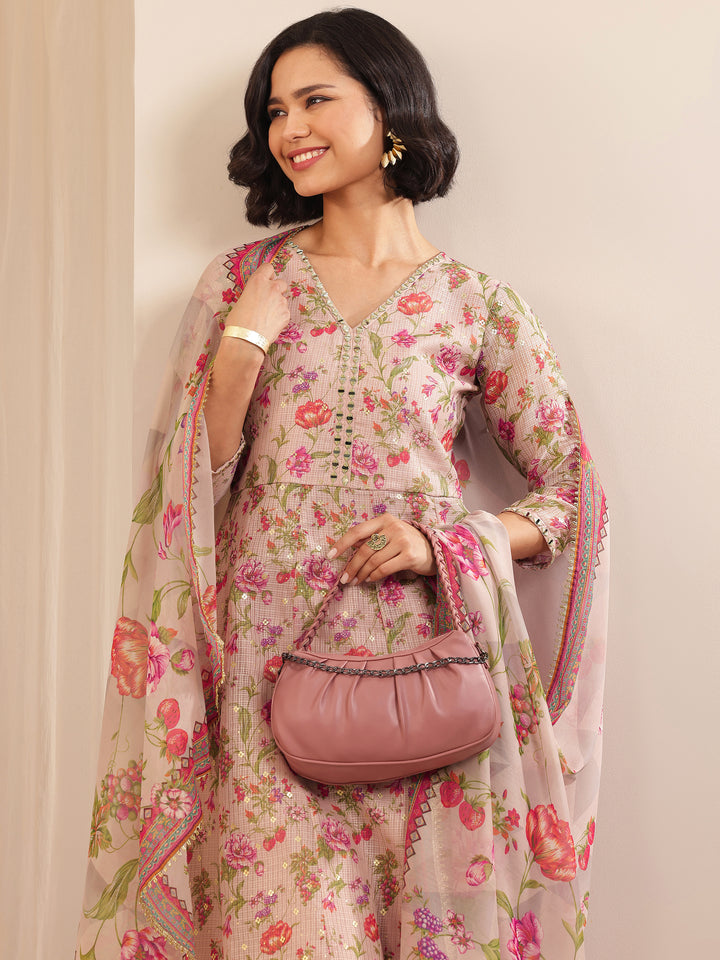 Pink Printed Silk Blend A-line Suit Sets With Dupatta