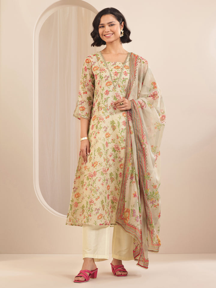 Beige Printed Silk Blend A-line Suit Sets With Dupatta