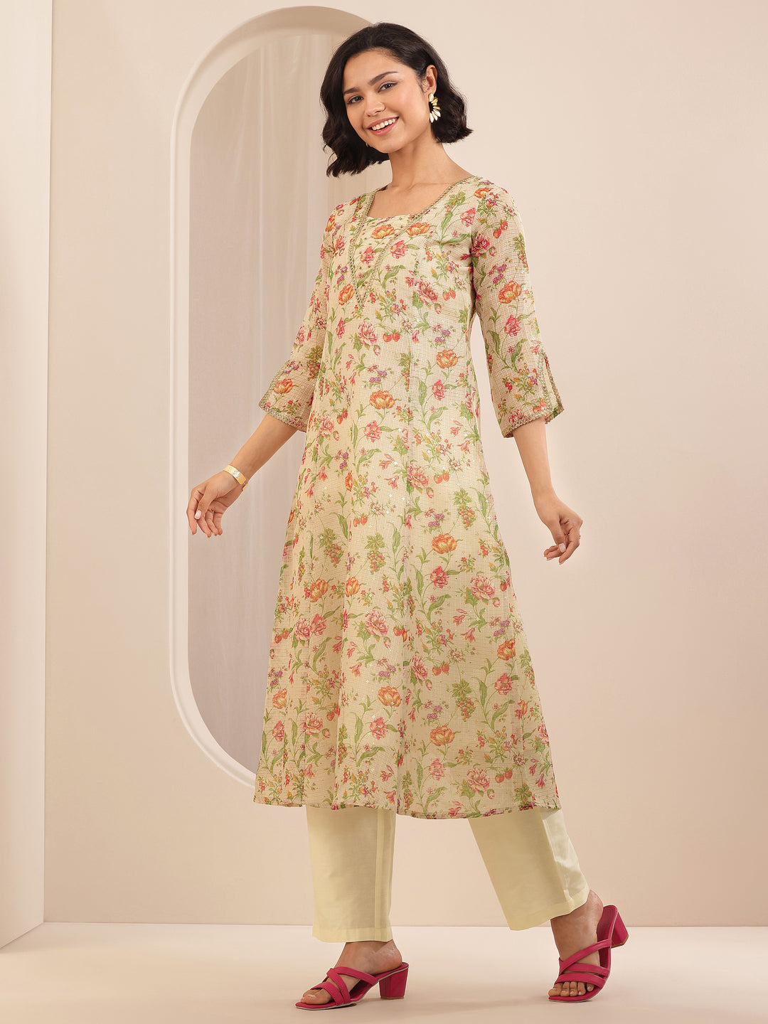 Beige Printed Silk Blend A-line Suit Sets With Dupatta