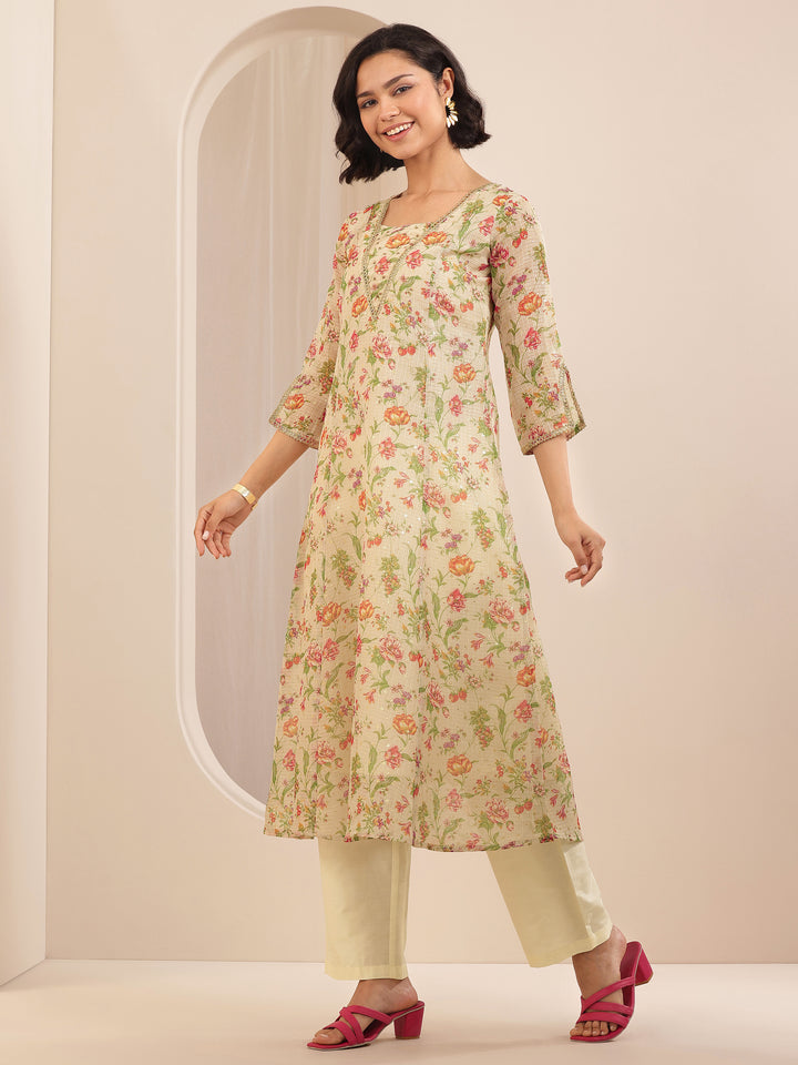 Beige Printed Silk Blend A-line Suit Sets With Dupatta