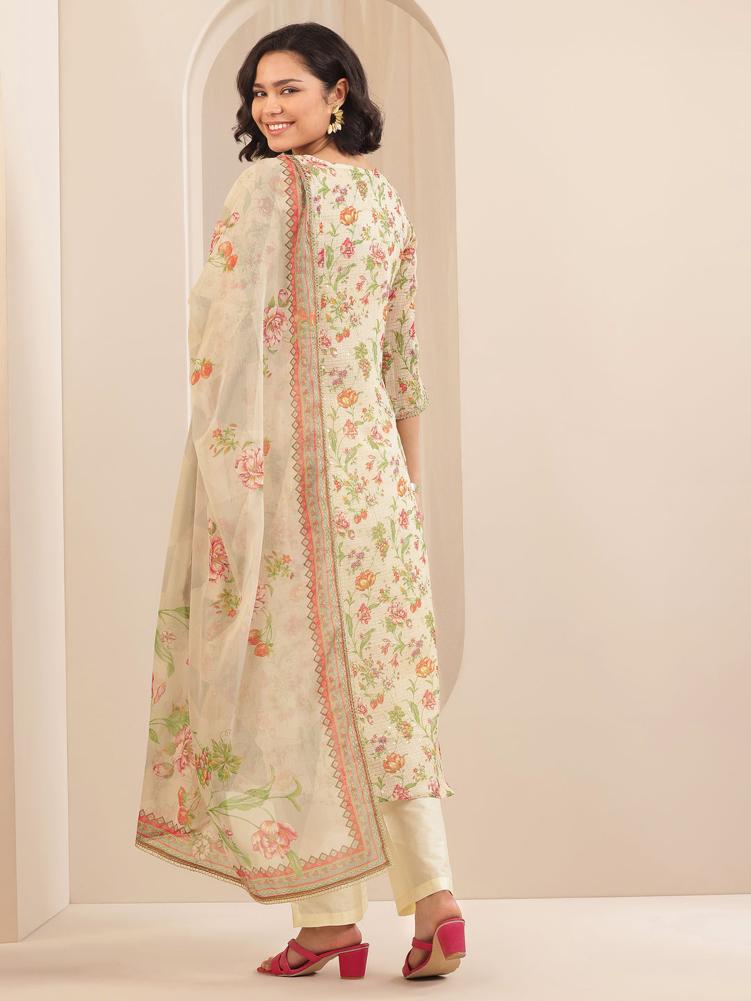Beige Printed Silk Blend A-line Suit Sets With Dupatta