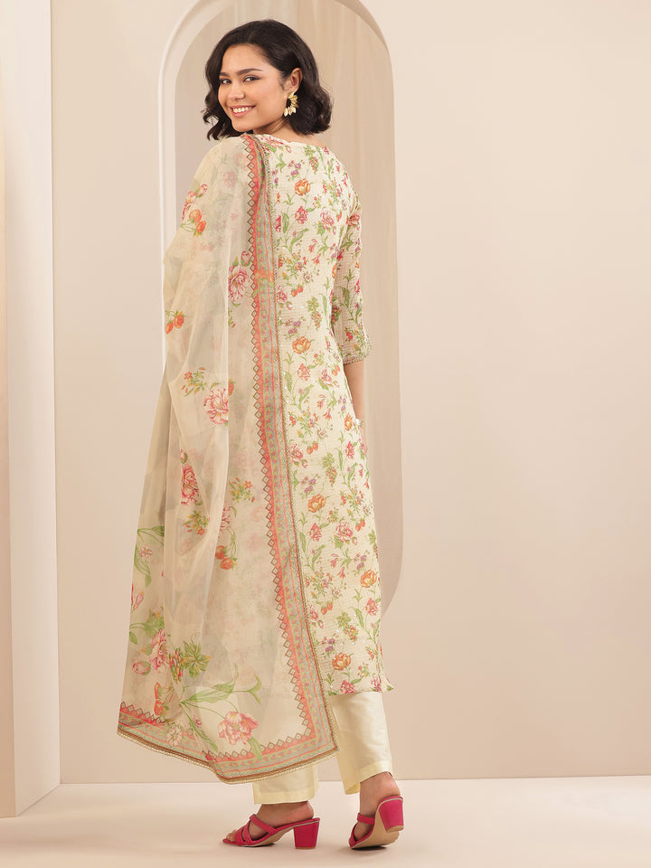 Beige Printed Silk Blend A-line Suit Sets With Dupatta