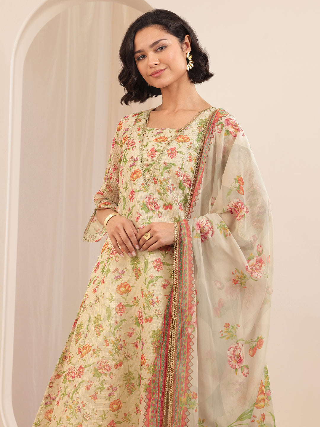 Beige Printed Silk Blend A-line Suit Sets With Dupatta