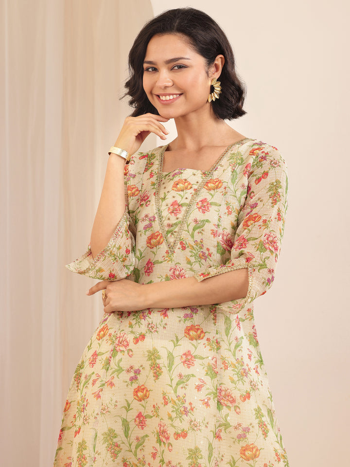 Beige Printed Silk Blend A-line Suit Sets With Dupatta