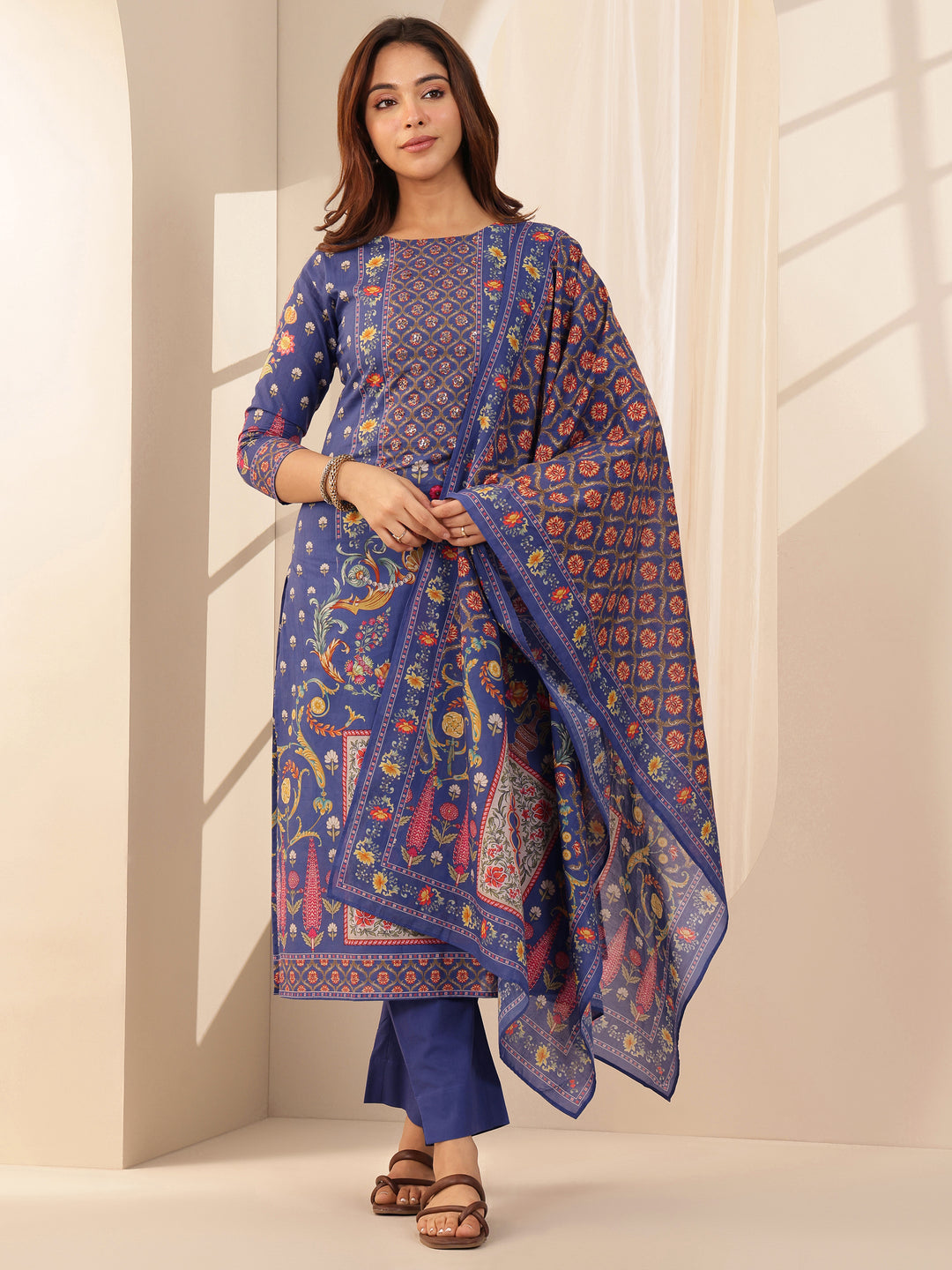 Blue Printed Cotton Straight Suit Sets With Dupatta
