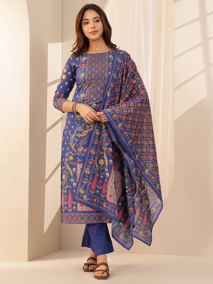 Blue Printed Cotton Straight Suit Sets With Dupatta