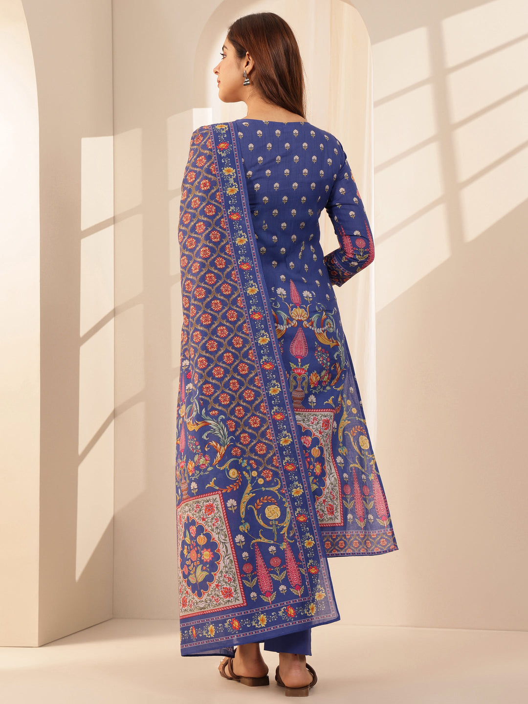 Blue Printed Cotton Straight Suit Sets With Dupatta