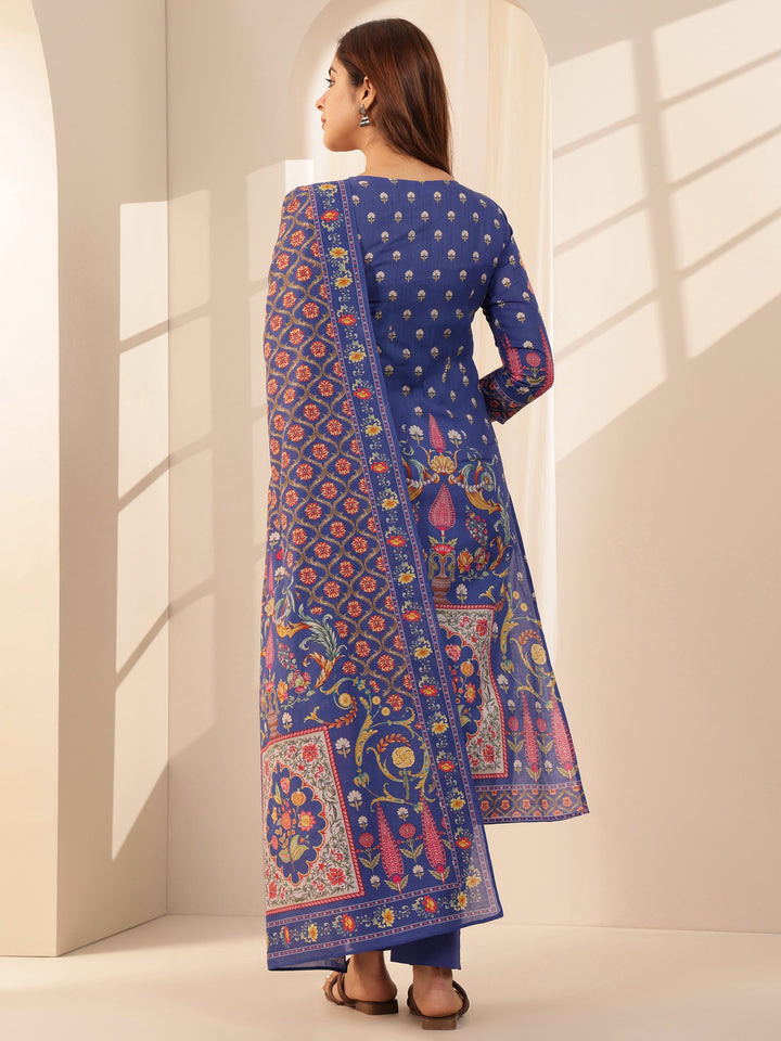 Blue Printed Cotton Straight Suit Sets With Dupatta