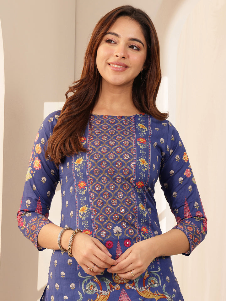 Blue Printed Cotton Straight Suit Sets With Dupatta