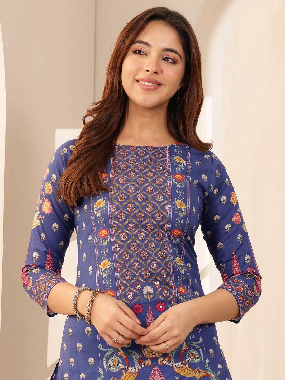 Blue Printed Cotton Straight Suit Sets With Dupatta