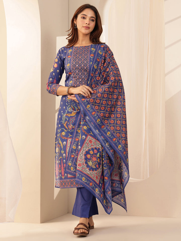 Blue Printed Cotton Straight Suit Sets With Dupatta