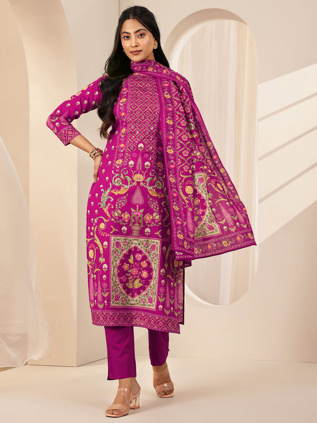 Pink Printed Cotton Straight Suit Sets With Dupatta