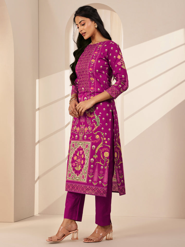 Pink Printed Cotton Straight Suit Sets With Dupatta