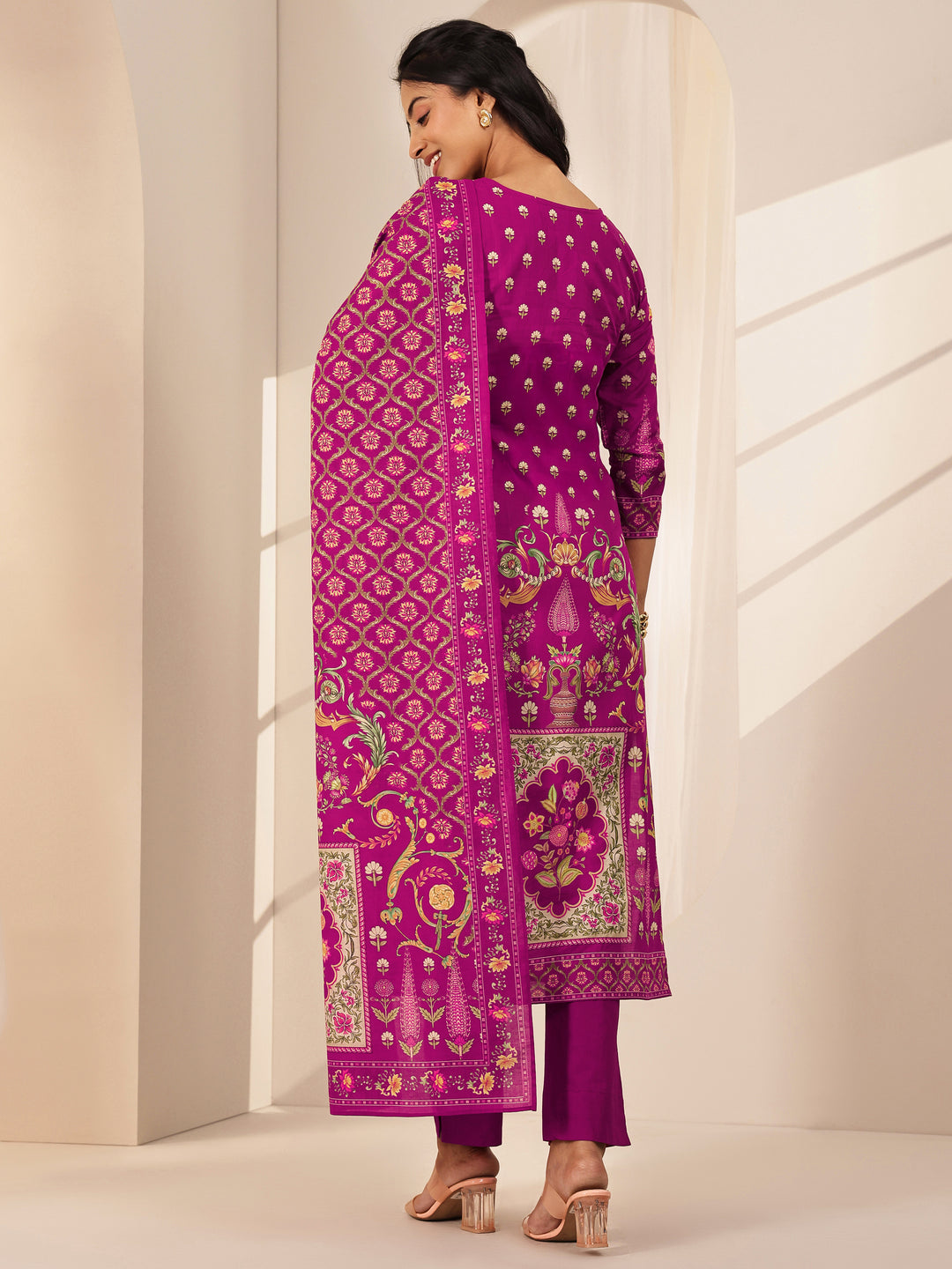 Pink Printed Cotton Straight Suit Sets With Dupatta