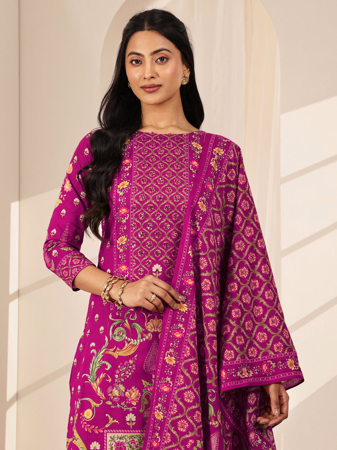 Pink Printed Cotton Straight Suit Sets With Dupatta