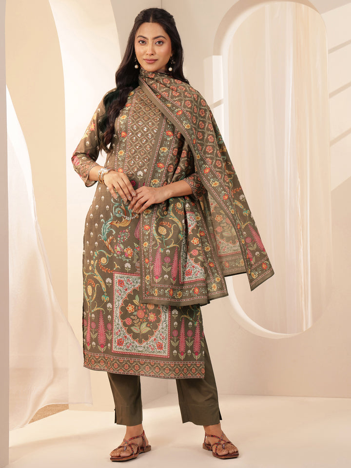 Brown Printed Cotton Straight Suit Sets With Dupatta
