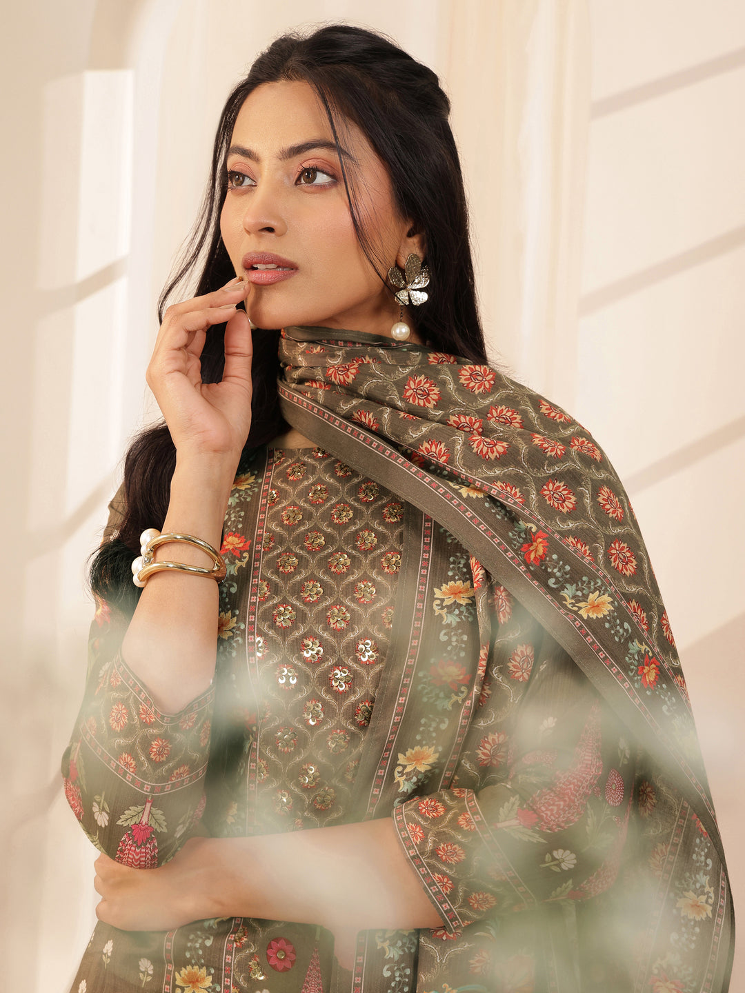 Brown Printed Cotton Straight Suit Sets With Dupatta