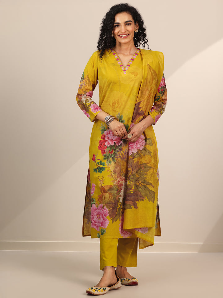 Mustard Printed Cotton Straight Suit Set With Dupatta