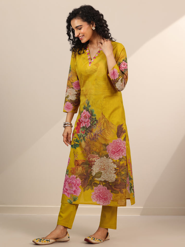 Mustard Printed Cotton Straight Suit Set With Dupatta
