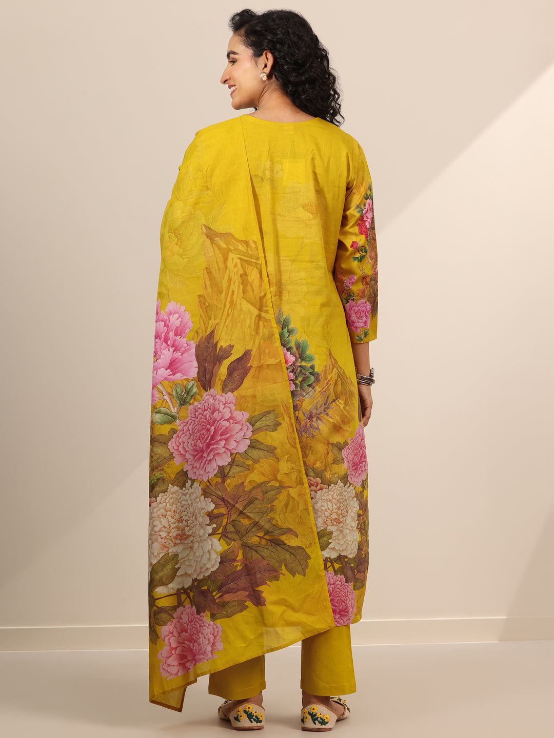 Mustard Printed Cotton Straight Suit Set With Dupatta