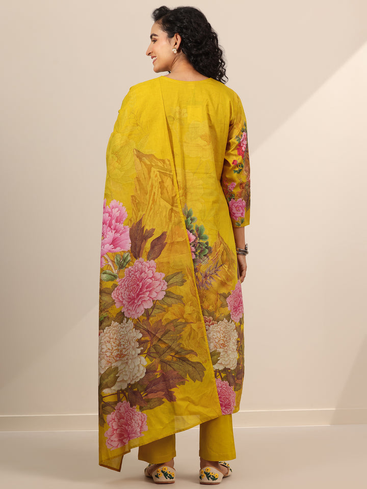 Mustard Printed Cotton Straight Suit Set With Dupatta