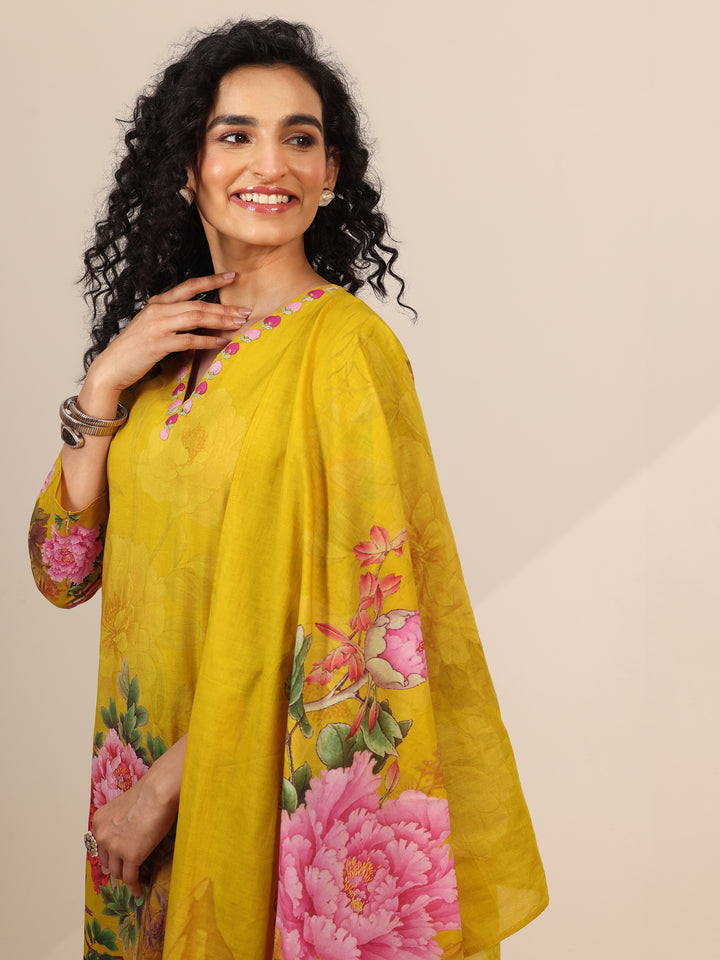 Mustard Printed Cotton Straight Suit Set With Dupatta