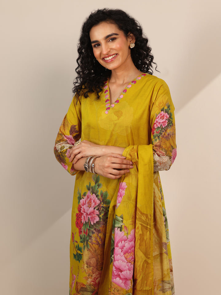 Mustard Printed Cotton Straight Suit Set With Dupatta