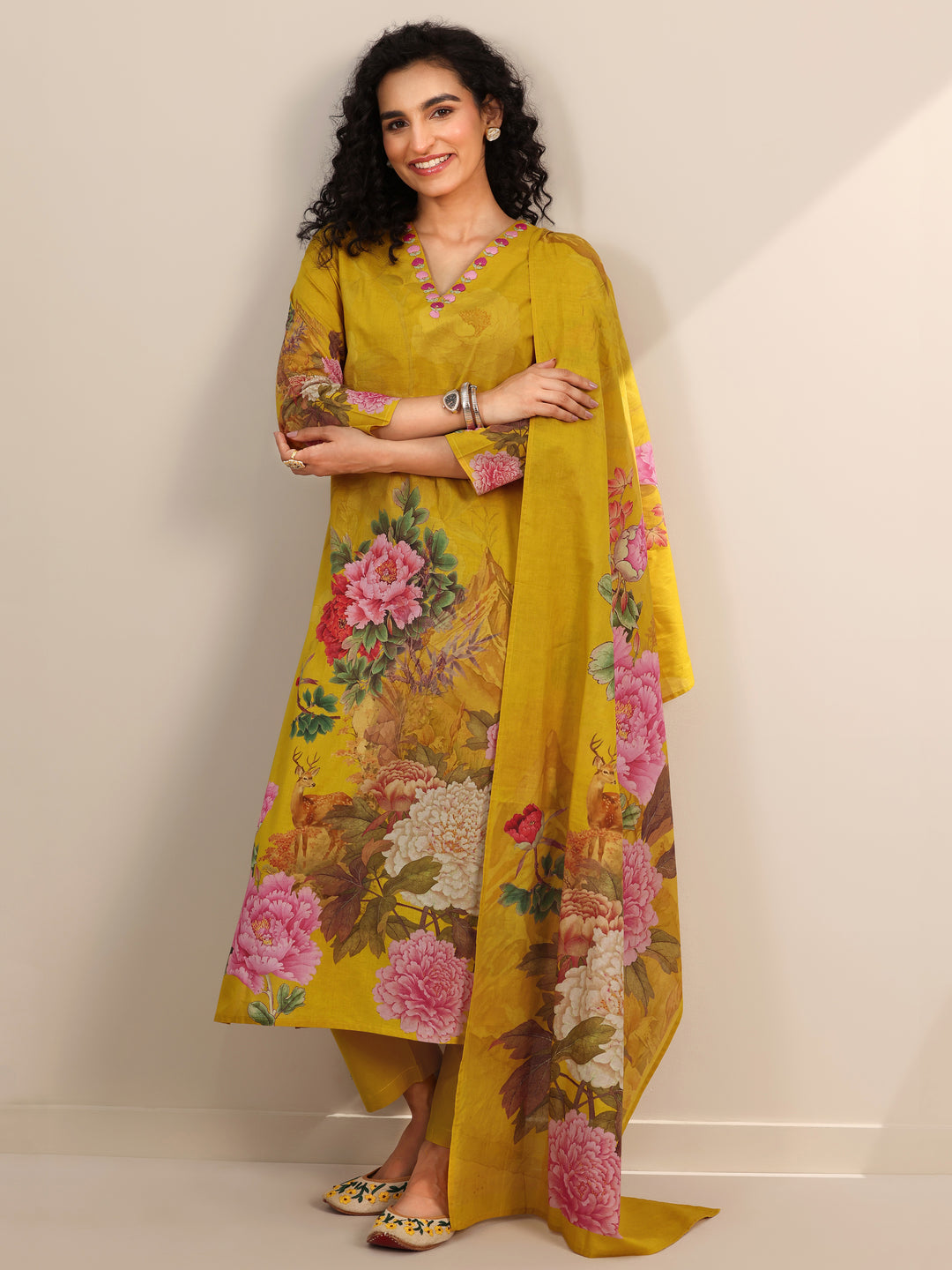 Mustard Printed Cotton Straight Suit Set With Dupatta