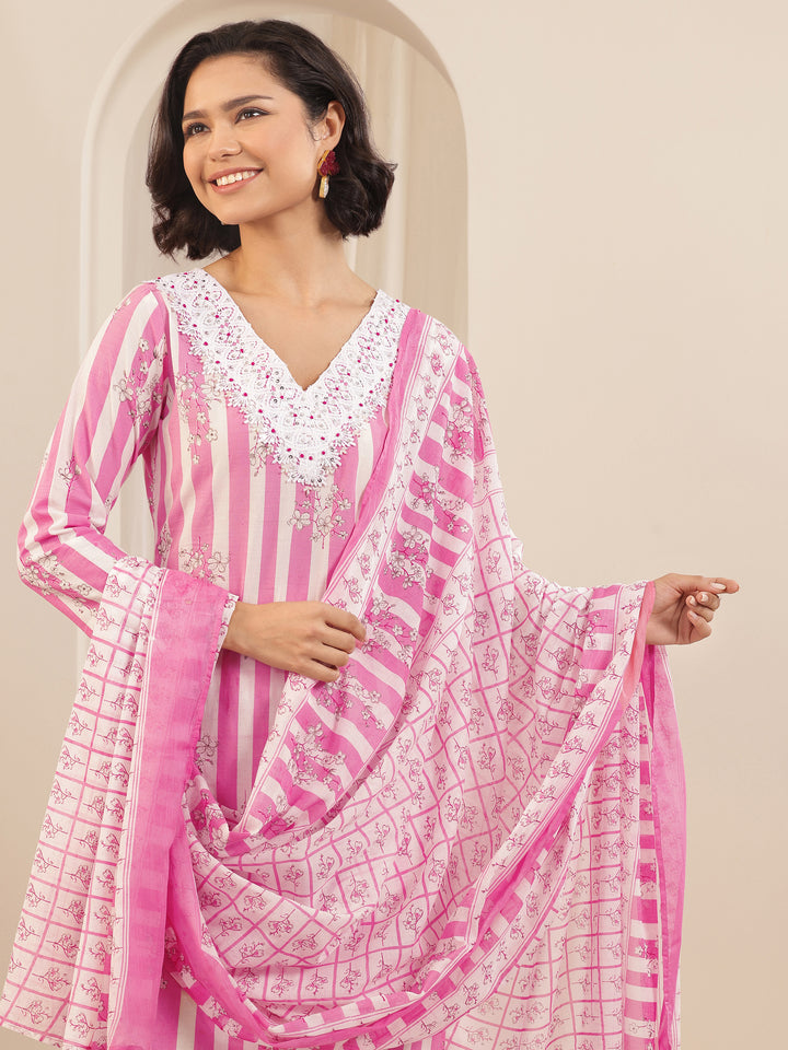 Pink Printed Cotton Straight Suit Sets With Dupatta