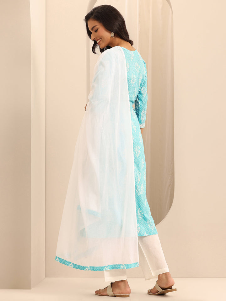 Turquoise Printed Cotton A-line Suit Set With Dupatta