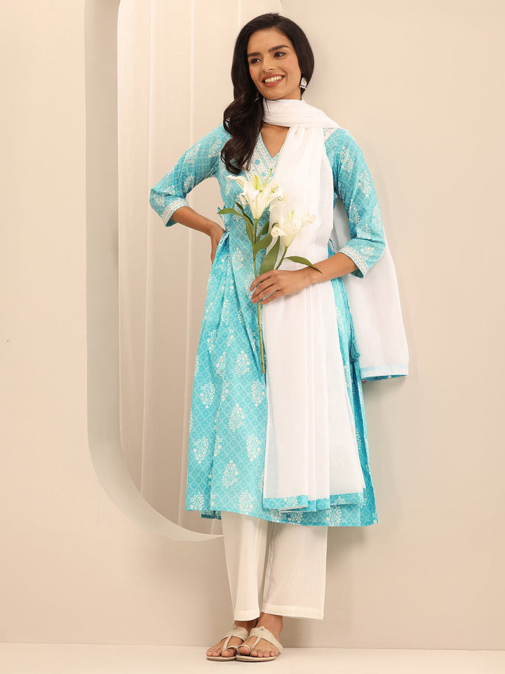 Turquoise Printed Cotton A-line Suit Set With Dupatta