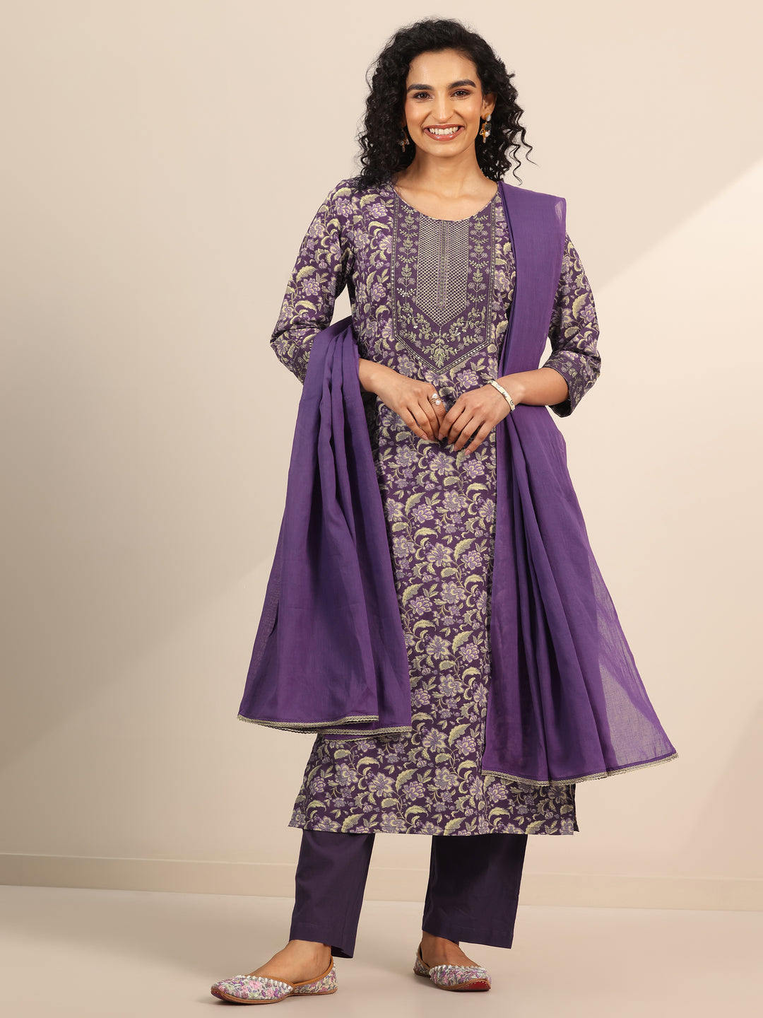 Purple Yoke Design Cotton Straight Suit Set With Dupatta